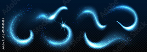 Glowing magic dust trails with fairy sparkles - blue luminous swirls, mystical light particles and shimmering stardust effects on dark for fantasy artwork, spell casting or enchanted digital designs.