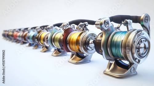 3d render lineup of fishing reels on white background