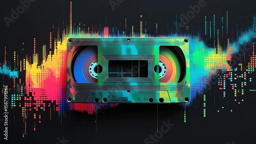 A colorful audio cassette tape with vibrant soundwave visualizations against a dark background.