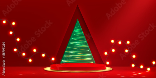 Christmas podium display with xmas tree design - red circular stage platform, green neon triangle tree outline, warm bulb string lights on festive bg for holiday product showcase or seasonal scene.