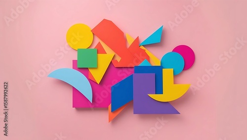 Colorful geometric shapes arranged in an abstract composition on a pink background.