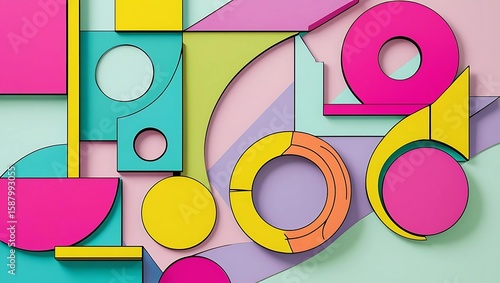 Abstract design with colorful geometric shapes and overlapping planes.