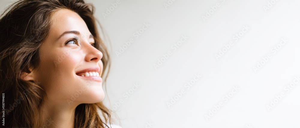 Naklejka premium A young woman with long hair smiles brightly, looking towards the light against a plain white background