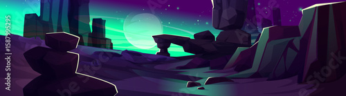 Alien planet landscape with purple rocky terrain, glowing turquoise sky, distant moons, crystalline formations and mystical light beams. Sci fi environment for space exploration games design.
