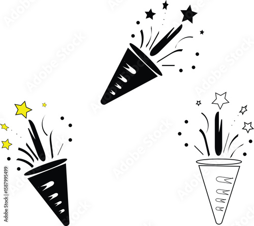 Party popper cone set explosion confetti illustration on white background vector illustration