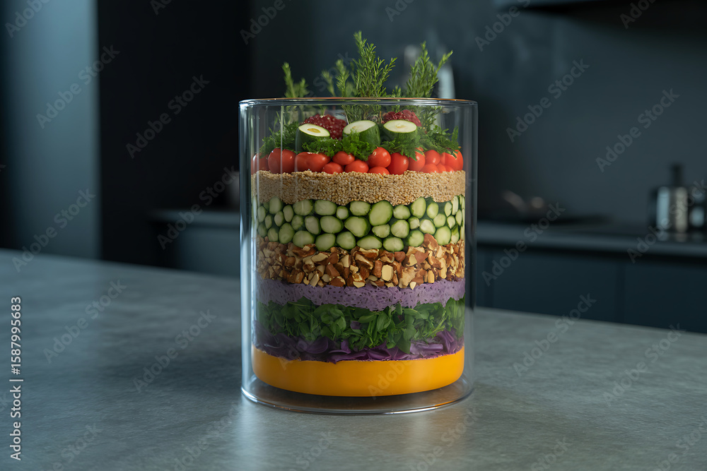 Obraz premium Layered salad in a tall glass jar with fresh ingredients and herbs