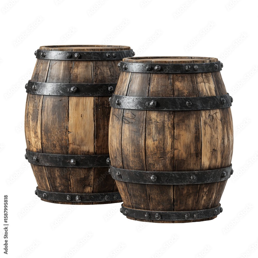 Fototapeta premium Two old wooden barrels with black metal bands on a white background realistic texture