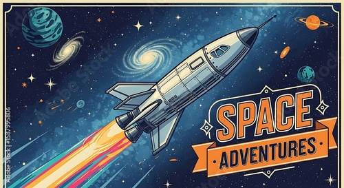 Retro space adventure illustration featuring a classic rocket ship and vibrant galaxy background