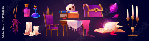 Mystical fortune teller items - glass bottles with potions, skull on books, wooden chest with lock, crystals and melting candles, chair and table with pink cloth, open spellbook, brass candelabra set.