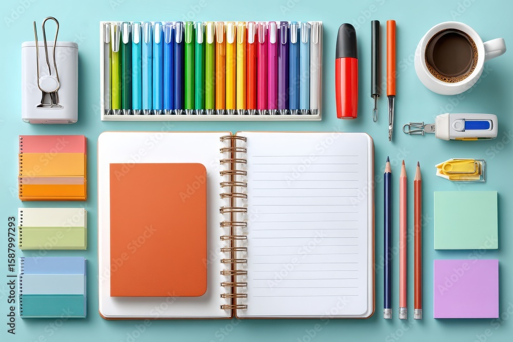 Obraz premium Organized flat lay of colorful school supplies and stationery on desk