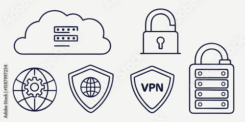 Cloud security lock shield globe vpn icons vector