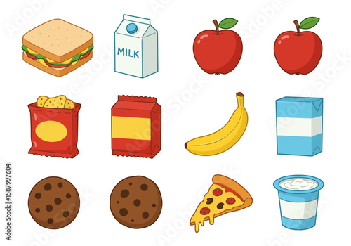 A cartoonstyle set of food items including a sandwich apples a banana cookies and pizza