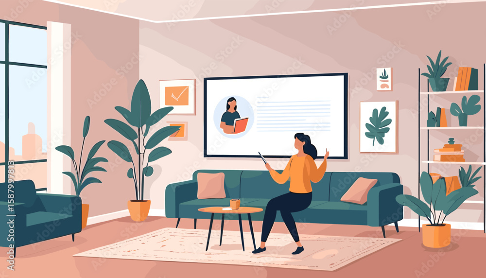 Fototapeta premium Modern Living Room Interior with Woman Using Tablet in Stylish Home Office Setting with Plants and Minimalist Decor