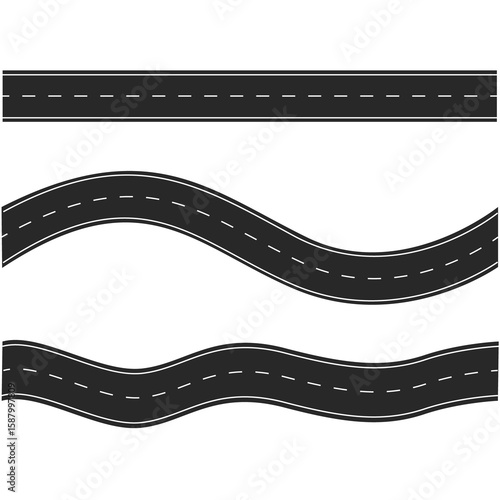 Set of curvy roads with twisting curves and horizontal paths. Top view of racetrack and highway. Flat vector illustration isolated on white background
