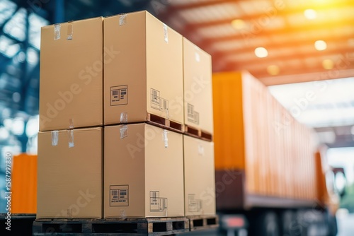 Bulk pallets of packaging boxes being loaded onto a container truck distribution warehouse Container transport