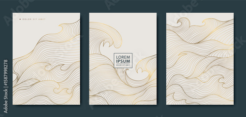 Vector set of Japanese style line golden water waves, sea, ocean luxury background. Graphic art design, oriental pattern, fancy cards, posters, covers.