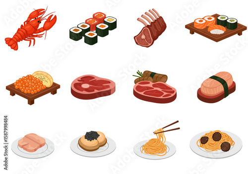A collection of various isometric food illustrations