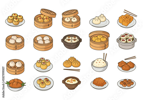 An array of Asian dim sum dishes including steamed buns dumplings and fried items