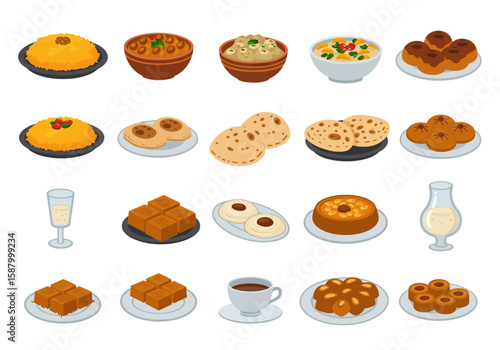 An array of Middle Eastern dishes desserts  beverages arranged on a white background