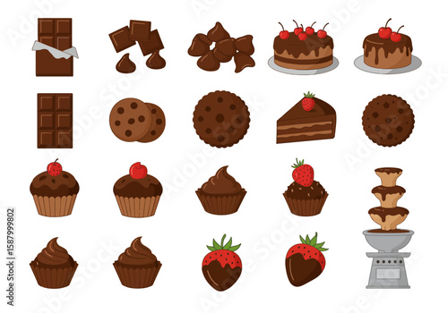 An assortment of chocolatethemed treats including cake cookies cupcakes  chocolatecovered strawberries