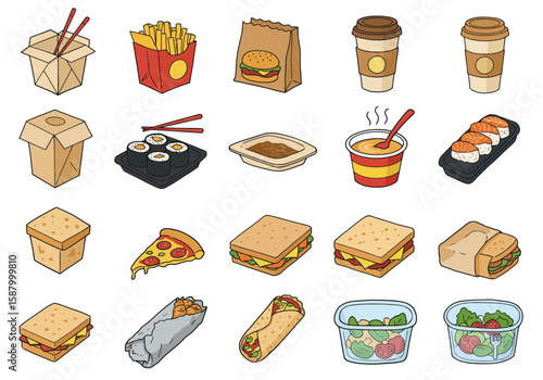 An assortment of food containers with various takeout meals  drinks displayed