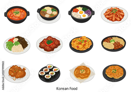 An assortment of dishes representing Korean cuisine each displayed on its own plate or bowl against a white background