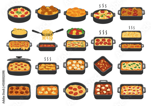 Assorted casserole dishes some steaming varying ingredients  pot styles on white