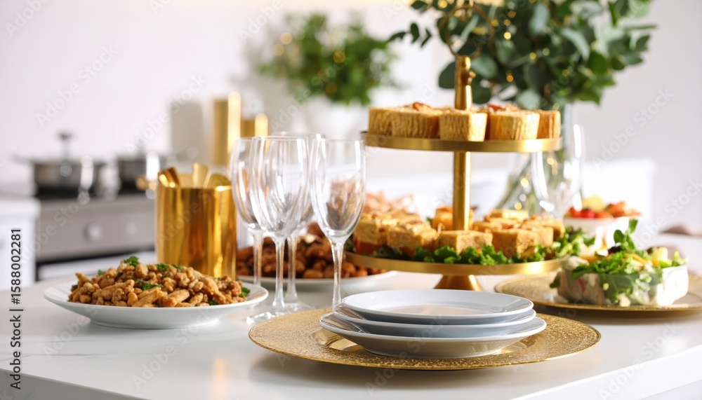 Fototapeta premium Elegant buffet table setup with various appetizers, decorative glasses, and a gold tiered stand in a modern kitchen setting