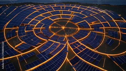 Circular solar farm illuminated at night, showcasing intricate design and energy production.