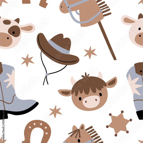 Cute Baby Cowboy accessories set. Western boots, shoes, hat, plants, animals.. American country fashion fo little kids. Flat style vector illustration. Baby Shower Cowboy decor