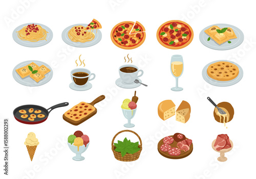 Assorted food icons spaghetti pizza ravioli coffee wine cheese ice cream meat vegetables and Italian cuisine elements