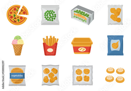 Assorted food icons including pizza ice cream fries and dumplings arranged in a grid format
