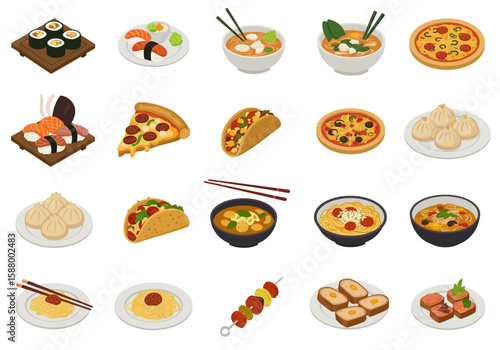 Assorted foods sushi pizza dumplings tacos noodles soups and kebabs arranged in rows on a white background