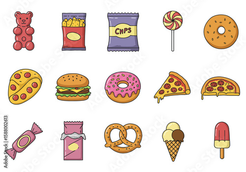 Assorted sweets and savory snacks are arrayed on a white background in a grid pattern