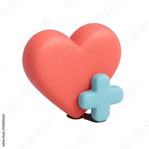 3D rendered coral heart icon with light teal plus sign, isolated on white background.