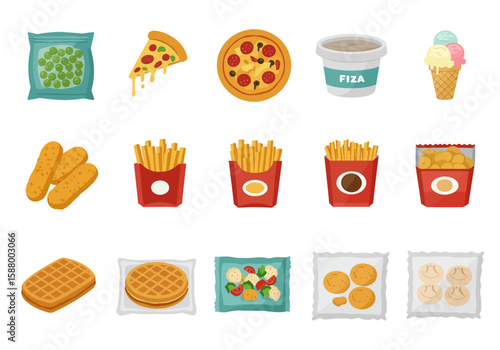Assortment of illustrated frozen or fast food items on a white background
