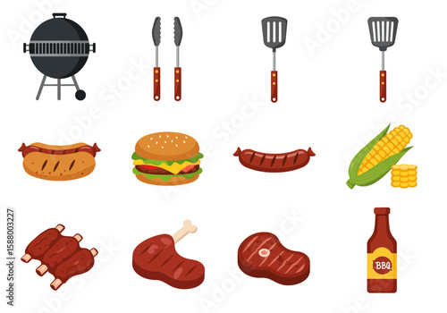 BBQ icons grill hotdog burger ribs steak corn tongs spatula and sauce