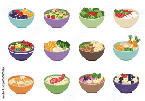 Cartoon bowls filled with colorful fruit vegetables grains and other food items arranged in a grid pattern