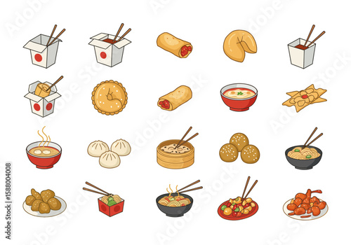 Cartoon drawings of assorted Chinese food including dim sum noodles egg rolls and other dishes