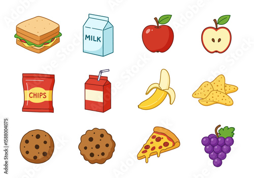 Cartoon food icons include sandwich milk apple chips juice banana nachos cookie pizza and grapes