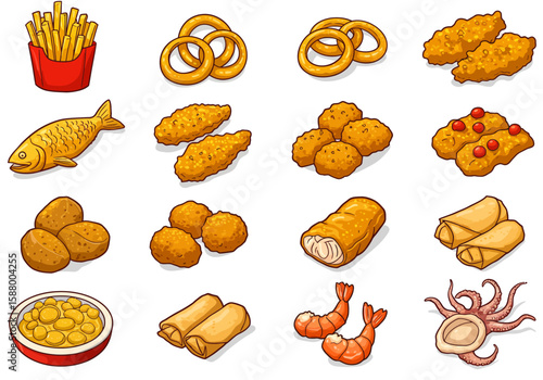 Cartoon illustration of assorted fried foods including fries onion rings and seafood arranged on a white background