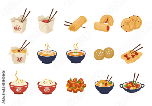 Cartoon image shows an assortment of Asian takeout items boxes bowls egg rolls cookies and other dishes