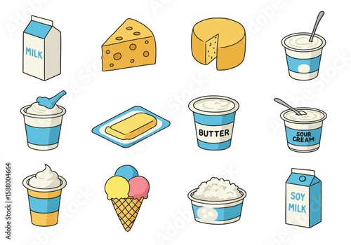 Cartoonish dairy product assortment cheese milk yogurt ice cream sour cream and butter illustrations