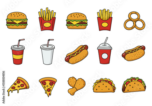 Cartoonstyle fast food icons burgers fries pretzels drinks hot dogs pizza chicken and tacos
