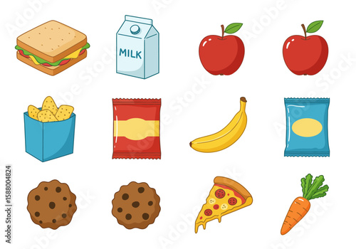 Cartoonstyle layout of food items sandwich milk apples chips banana cookies pizza carrot