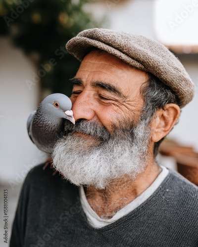 A joyful elderly man shares a moment with a pigeon on his shoulder.