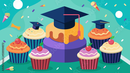 Graduation cake or cupcakes with tiny cap dec – Graduation Vector Illustration