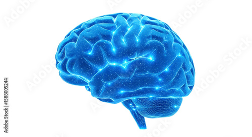 A glowing blue brain with electrical connections on a black background view transparent background , no background