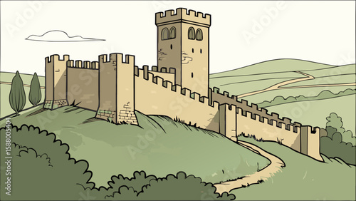 Illustration of medieval castle fortress architecture design with tower and stone wall landscape view is vector