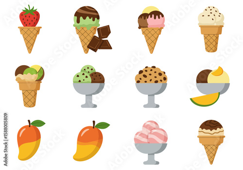 Colorful ice cream treats and mangoes are arranged in an appetizing display